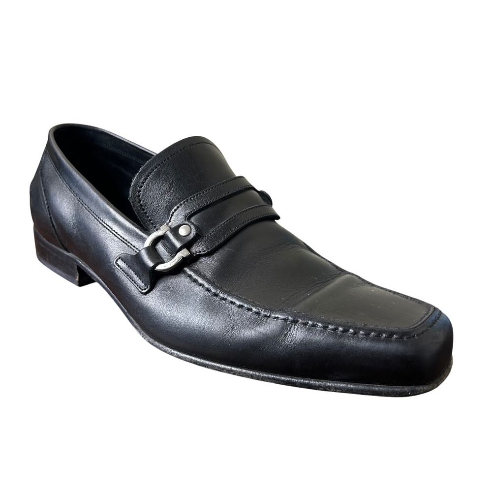 Salvatore Ferragamo Loafers 10 EE Mens Black Leather‎ Gancini Square Toe Italy